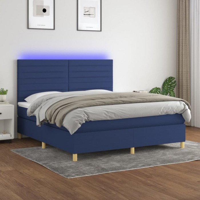 vidaXL Pat cu arcuri, saltea și LED, albastru, 160x200 cm, textil