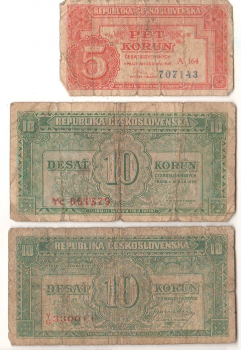 SV * Cehoslovacia LOT 5 - 10 - 10 KORUN 1949 / 1950 Post WWII * 10 Kr. 1950 (serie liniara) si 1950 nedatata (serie fractie)