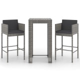 Set mobilier bar de gradina, cu perne, 3 piese, gri, poliratan