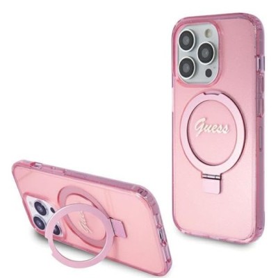 Husa pentru iPhone 15 Pro - Guess Ring Stand Script Glitter MagSafe (GUHMP15LHRSGSP) - Pink foto