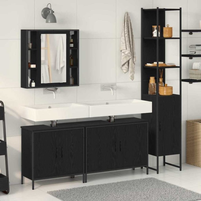 vidaXL Set de mobilă pentru baie 4 piese Negru Stejar Lemn prelucrat