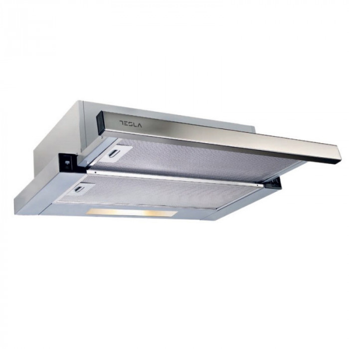 Hota Tesla DT600SX, 110 W, 1 motor, 2 filtre din aluminiu, 280 mc/h, 3 nivele de putere, Inox