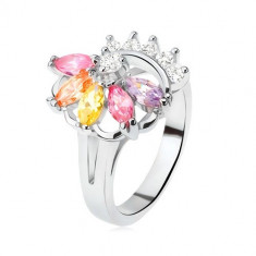 Inel argintiu, ştrasuri colorate dispuse în formă de evantai, zirconiu transparent - Marime inel: 56