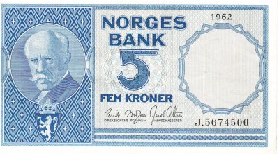 Norvegia 5 Kroner 1962 P-30g Seria 5674500 foto