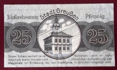 Germania notgeld 25 pfennig 1920 Greu&amp;szlig;en Greussen ** foto