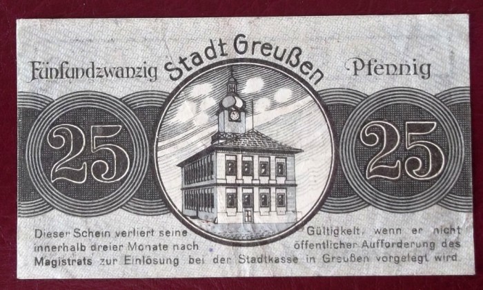 Germania notgeld 25 pfennig 1920 Greu&szlig;en Greussen **