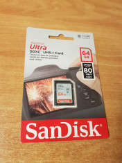 Card de memorie SD, SanDisk SDXC Ultra, 64GB, Class 10, UHS-I, 80MB/s foto
