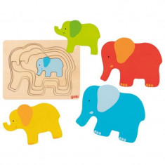 Puzzle stratificat Elefantii Goki, 5 piese, lemn, 2 ani+, Multicolor