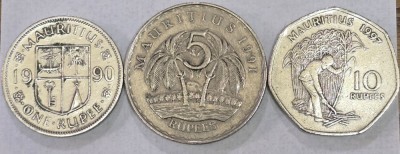 MAURITIUS Set / Lot 12 , 3 Monede : 1 Rupee 1990 + 5 Rupees 1991 + 10 Rupees 1997 foto