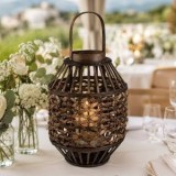 Felinar cilindric din rattan impletit, maro, cu suport pentru lumanare, CMCLASS