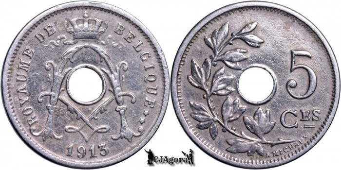 1913, 5 Centimes - Albert I - Regatul Belgiei - inscripție franceză