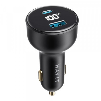 Incarcator Auto HAVIT CC100W Display, 100W, 5A, 1 x USB-A - 1 x USB-C, Negru foto