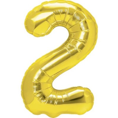 Balon din folie metalizata flippy, figurina cifra, tema aniversare 100 cm, ambalaj individual, pai inclus, umflare cu aer sau heliu, auriu, cifra 2 foto