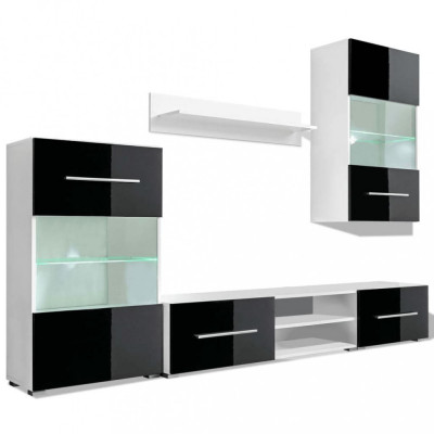 Set mobilier comodă TV de perete, 5 piese, iluminare LED, negru foto