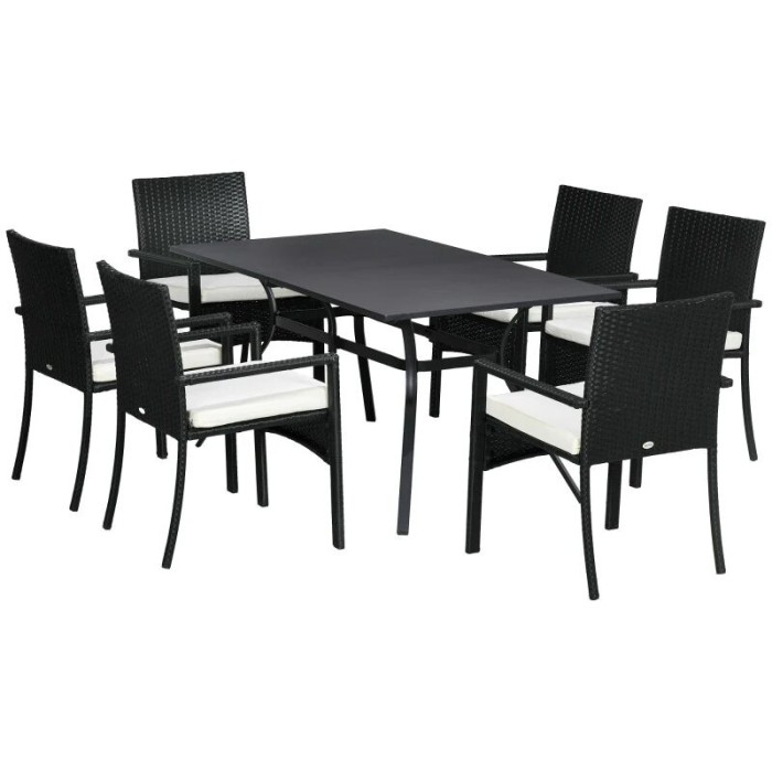 Set mobilier gradina/terasa, negru si bej, ratan sintetic, 1 masa, 6 scaune, Lynna