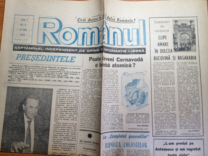 romanul 23 mai 1990-ion iliescu declarat presedintele romaniei cu 86.7 % voturi