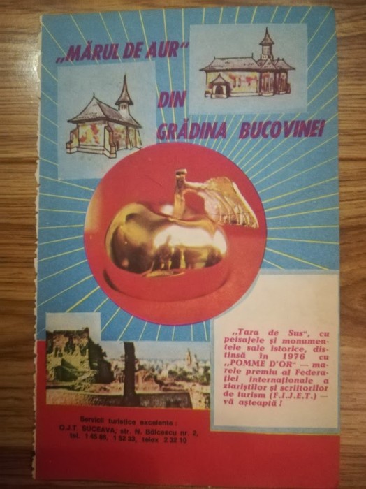 1977 Reclamă OJT Suceava, MARUL DE AUR, Bucovina turism comunism 19x12