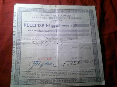 Chitanta - Recipisa Primaria Sectorului II Negru Bucuresti 1929 foto