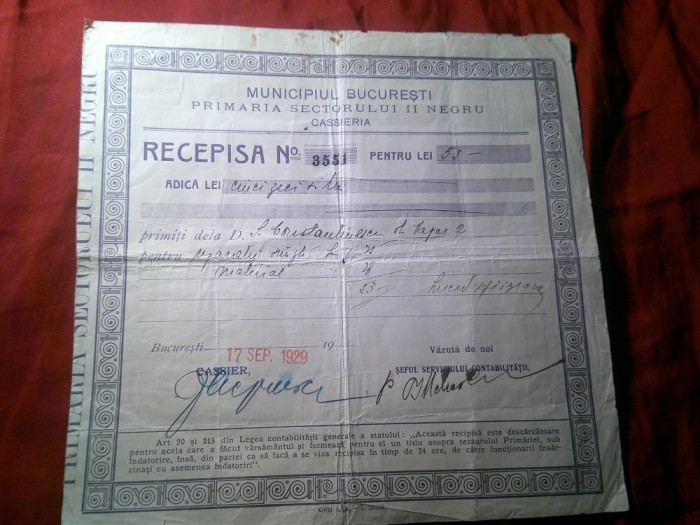 Chitanta - Recipisa Primaria Sectorului II Negru Bucuresti 1929