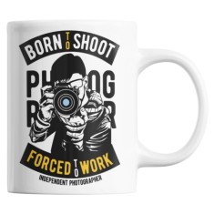 Cana alba personalizata &quot;BORN TO SHOOT, FORCED TO WORK&quot;, INOVATIX&reg;. 330 ml