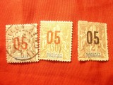 3 Timbre Dahomey et Dependances Alegorie 1912, 3val.supratipar , stampilate