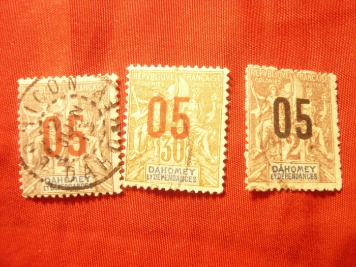 3 Timbre Dahomey et Dependances Alegorie 1912, 3val.supratipar , stampilate