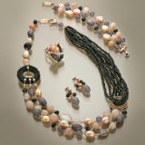 Cumpara ieftin Set bijuterii placat aur roz cu agat negru, cuarț fumuriu și perle de apă dulce, colier, brățară, cercei, inel, argint 925, Made in Italy