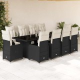 Set bistro de grădină, 11 piese, cu perne, negru, poliratan