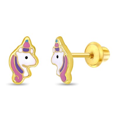 Cercei din Aur 14K pentru Copii, model Unicorni cu Email Pastel, inchidere cu Filet si Protectie foto