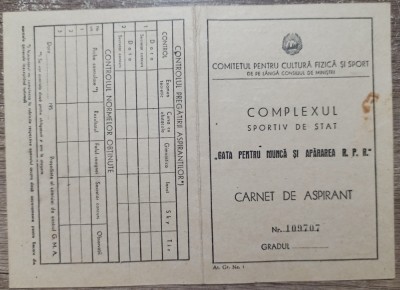 Carnet de aspirant Complexul Sportiv Gata pentru Munca si Apararea RPR 1950 foto