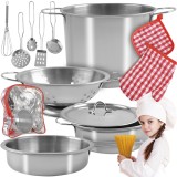 Set de vase de bucatarie pentru copii, 13 piese metalice cu rucsac