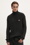 Tommy Jeans pulover din amestec de lana barbati, culoarea negru, light, cu guler, DM0DM19434