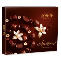 Praline de Ciocolata Neagra Roshen Assortment, cu Umplutura de Alune, 154 g, Praline Assortment, Praline de Ciocolata Neagra cu Umplutura de Alune, Pr