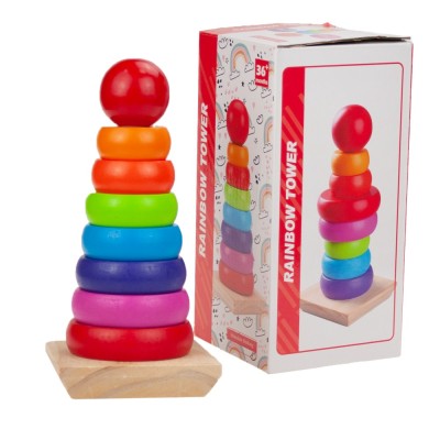 Kit de sortare piramida, Montessori, lemn, multicolor, 19 cm foto
