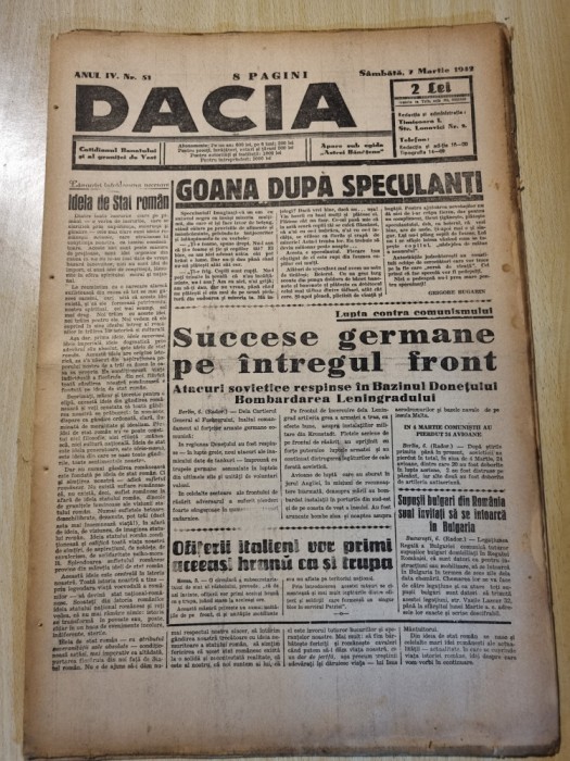 Dacia 7 martie 1942-stiri de pe front,art. eminescu si rusii,parisul bombardat
