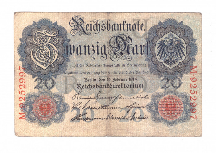 Bancnota Germania 20 mark/marci 19 februarie 1914, stare buna