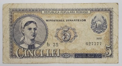 BANCNOTA &amp;#039; CINCI LEI &amp;#039; , R.P.R. , DATATA 1952 foto