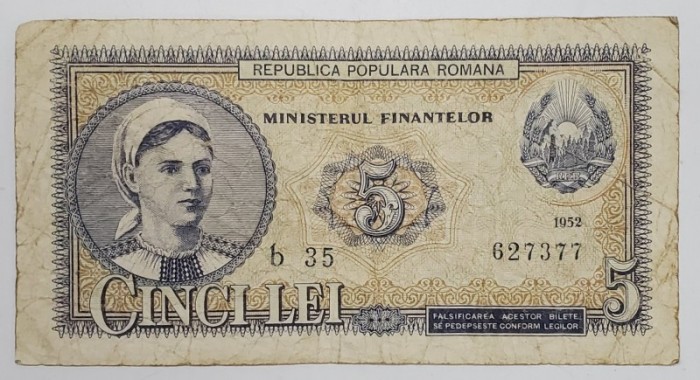BANCNOTA &#039; CINCI LEI &#039; , R.P.R. , DATATA 1952