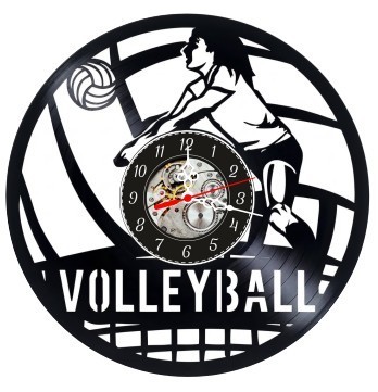 Ceas de perete decorativ realizat din disc de vinil, Model Jucatoare de Volei si Mingea pe Fileu, Text Volleyball, Negru, 30 cm foto