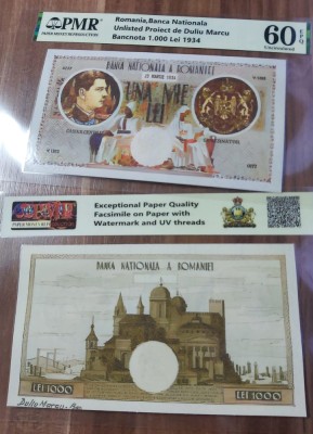 REPRODUCERE pe hartie cu filigran si fire UV proiect bancnota 1.000 lei 1934 foto
