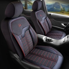 Set Huse Scaune Auto pentru Ford Fiesta - Panda Londra, cu fermoare pentru bancheta rabatabila, negru cu cusatura rosie, 11 piese