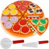 Pizza din lemn, set cu feliator, spatula si tava, 6 felii pizza si toppinguri conectate cu velcro, multicolor