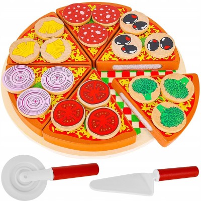 Pizza din lemn, set cu feliator, spatula si tava, 6 felii pizza si toppinguri conectate cu velcro, multicolor foto