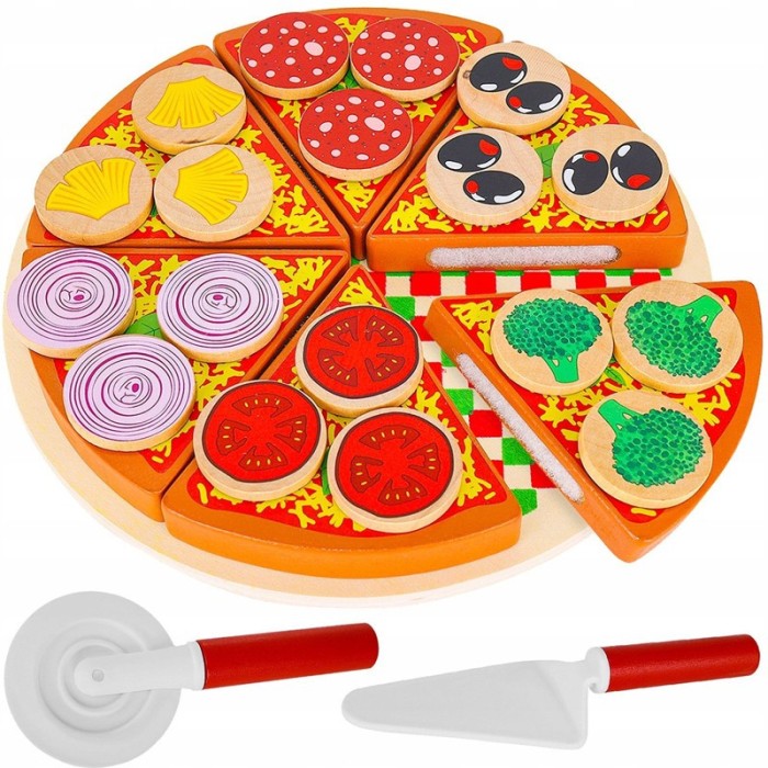 Pizza din lemn, set cu feliator, spatula si tava, 6 felii pizza si toppinguri conectate cu velcro, multicolor
