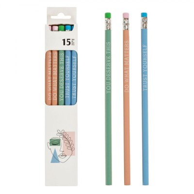 Set Creioane, Model pentru Adolescenti, Multicolor, 15 Bucăți, Cu Radiere și Mesaje Motivaționale foto