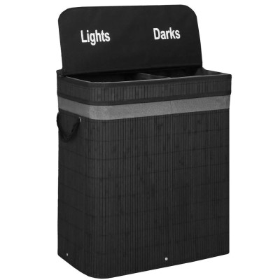 Cos de rufe din bambus cu capac, 2 compartimente, sac detasabil, volum 100L, 54x35x60cm, negru foto