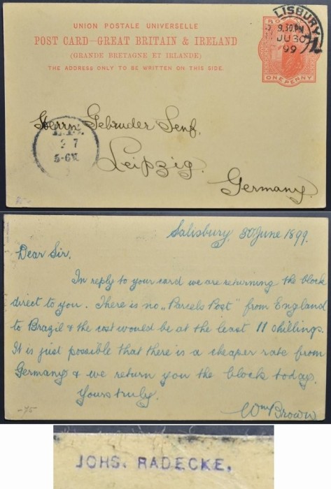 Great Britain 1899 Postcard Stationery SIGNED QV SALISBURY to GERMANY D.914