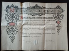 A3012N Diplomă de inginer a lui T&eacute;csy L&aacute;szl&oacute;, originar din Dej, județul Cluj, Budapesta, Universitatea Regală Maghiară J&oacute;zsef, 1925/M&eacute;rn&ouml;ki oklev&eacute;l