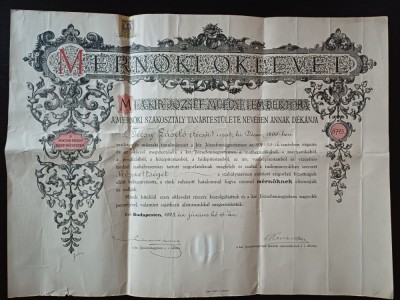 A3012N Diplomă de inginer a lui T&amp;eacute;csy L&amp;aacute;szl&amp;oacute;, originar din Dej, județul Cluj, Budapesta, Universitatea Regală Maghiară J&amp;oacute;zsef, 1925/M&amp;eacute;rn&amp;ouml;ki oklev&amp;eacute;l foto
