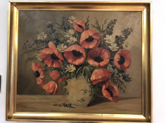 Tablou,pictura veche germana, in ulei,vaza cu maci si flori foto